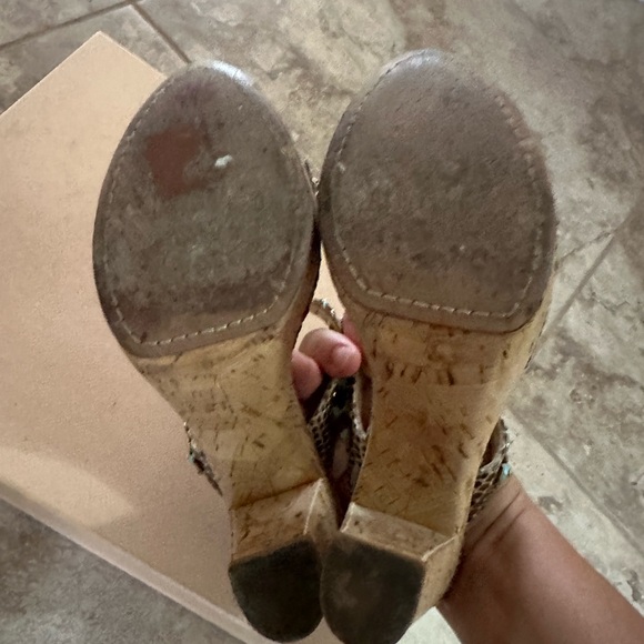 Prada Platform Slides 6 1/2  Heels Bronze Metallic Cork Turquoise Stud - Picture 6 of 7